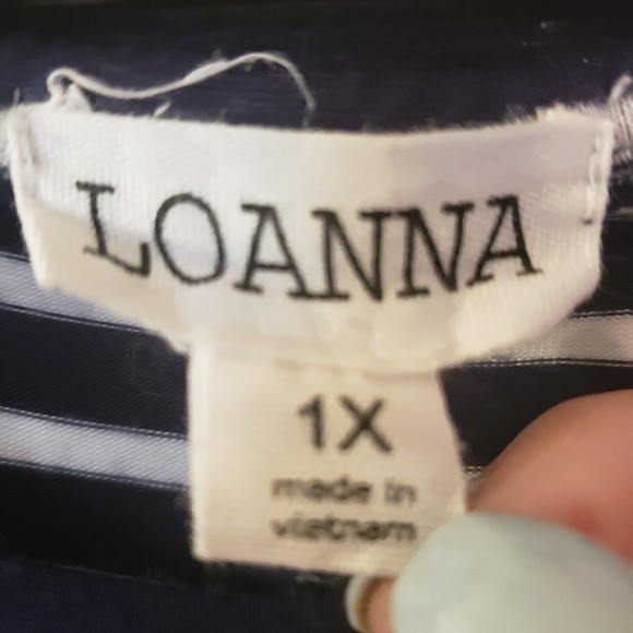 Loanna Blue & White Stripe Top Blouse Size 1X Side Tie at Bottom Short Sleeve - Picture 2 of 11